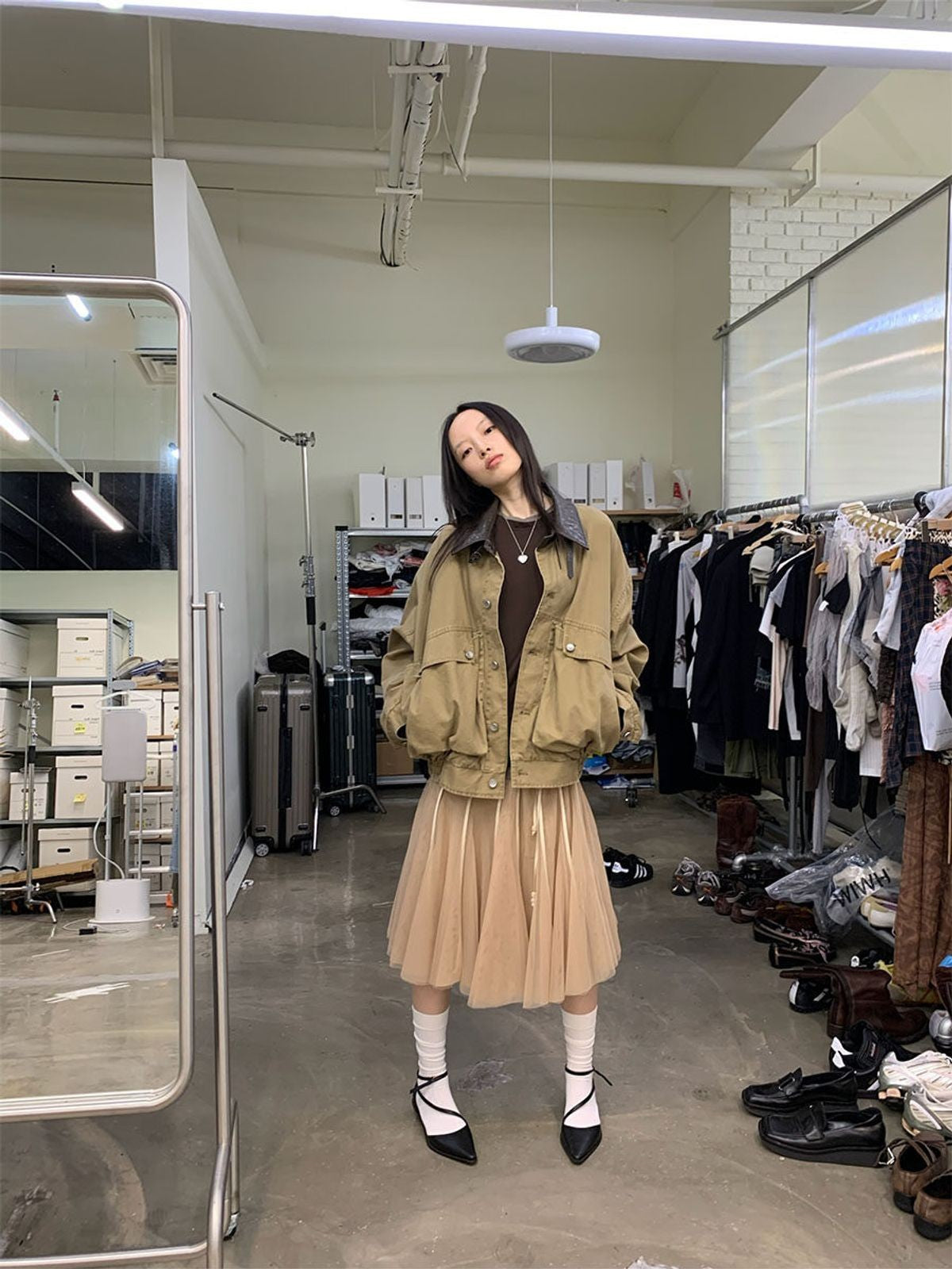 NeverSeez Faux Leather Collar Barn Jacket in Khaki - On Female Model