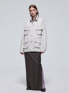 Simple Project Washed Four Pocket Denim Jacket in White - On Female Model