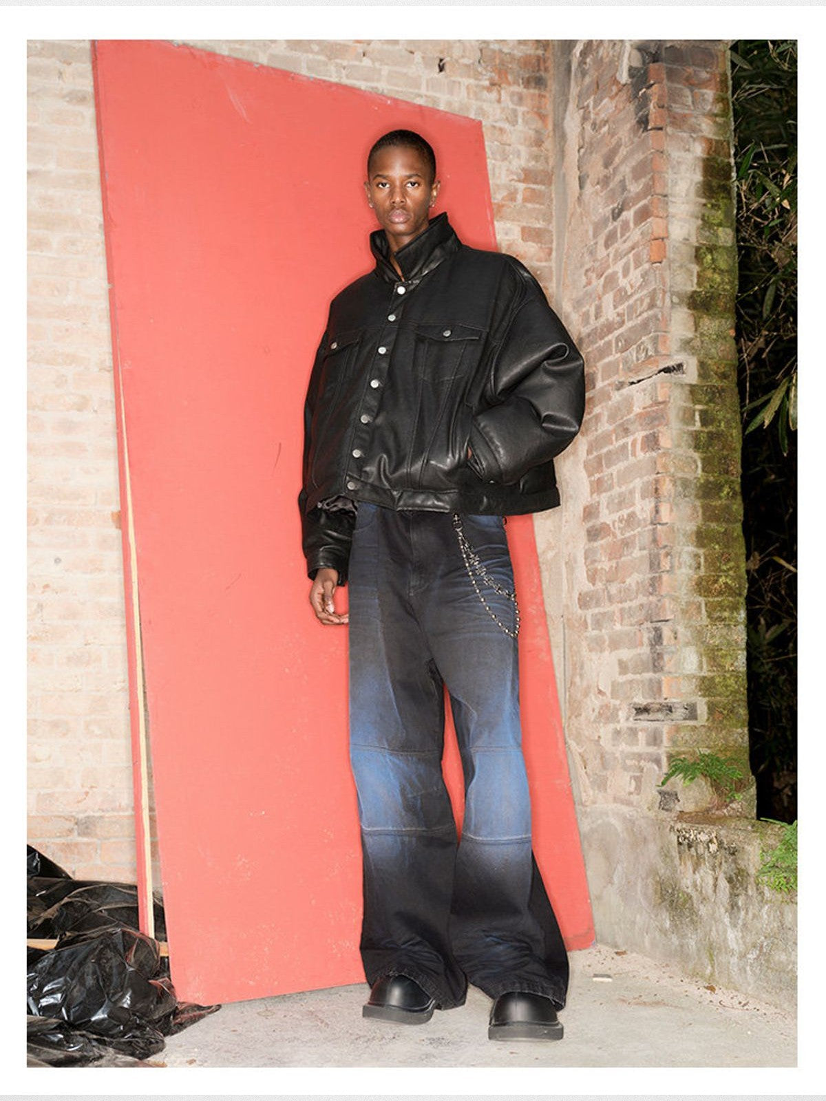 Triangle Project Boxy Faux Leather Padded Jacket in Black - On Model