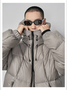 NANS Micro Check Hooded Down Puffer in Gray - On Male Model