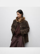 RandomPiece Raw Edge Collarless Boucl Blazer in Brown - On Model