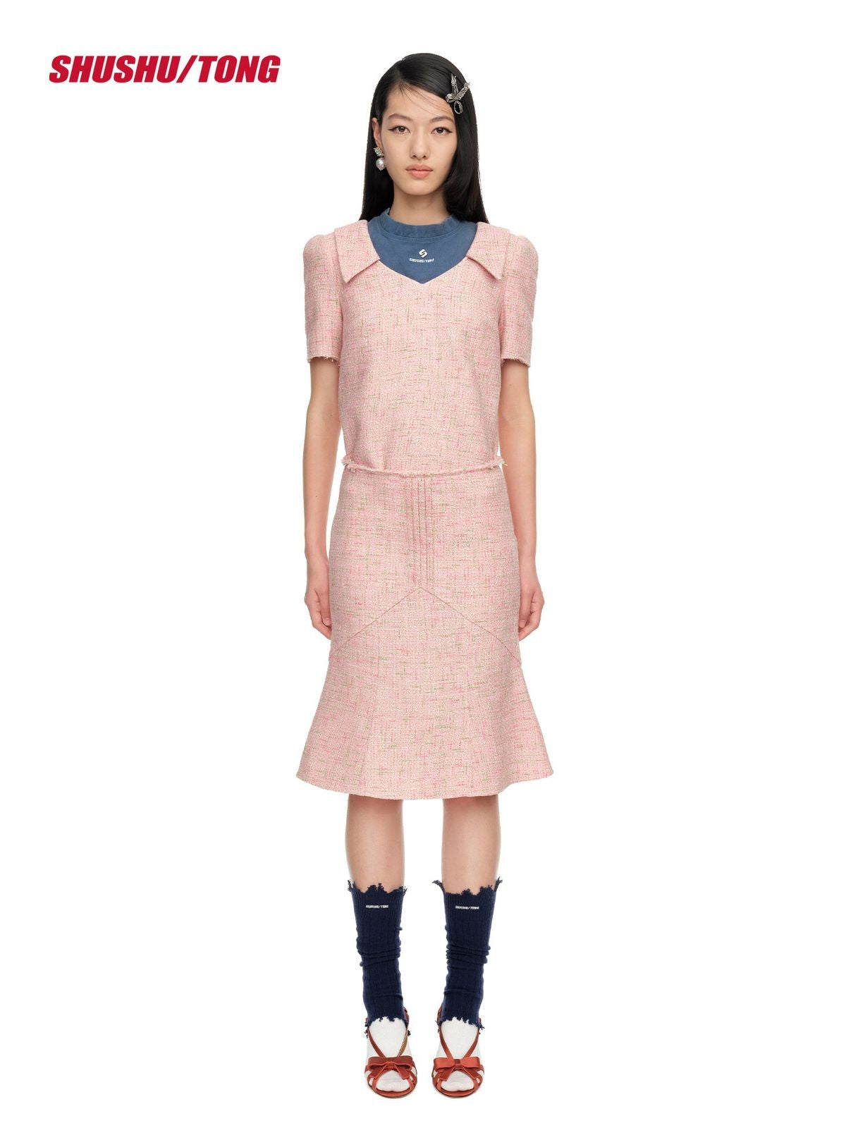 SHUSHU/TONG Heart Collar Cotton Blend Blouse in Pink - On Model