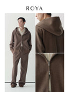 ROYA Merino Wool Blend Zip Up Hoodie in Oatmeal - On Model