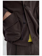 Simple Project Cotton Nylon Stand Collar Jacket in Brown - Detail