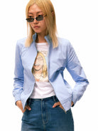 alright then Brushed Cotton Stand Collar Jacket in Sky Blue - On Female Model