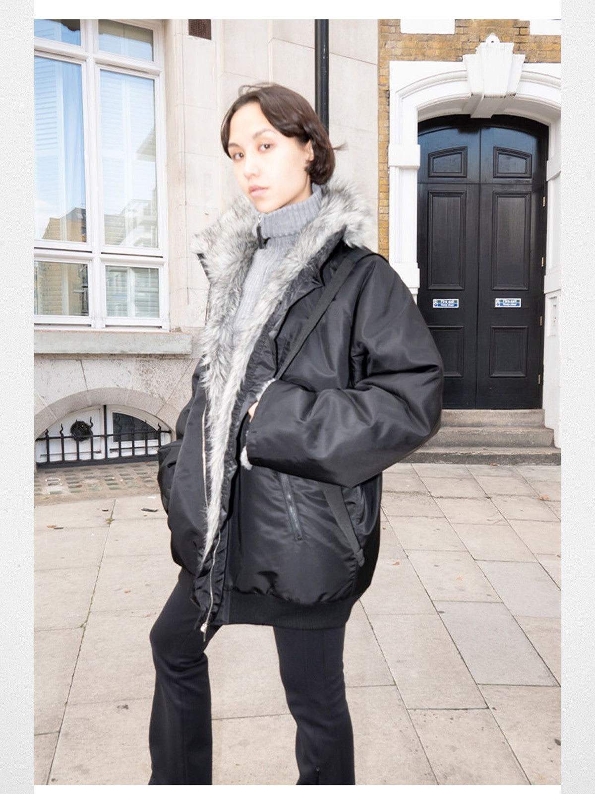 RARELY ALIKE Faux Fur Lined Nylon Bomber in Black - On Model