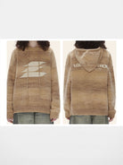 LOSTCTRL Chenille Logo Knit Hoodie in Khaki - On Female Model