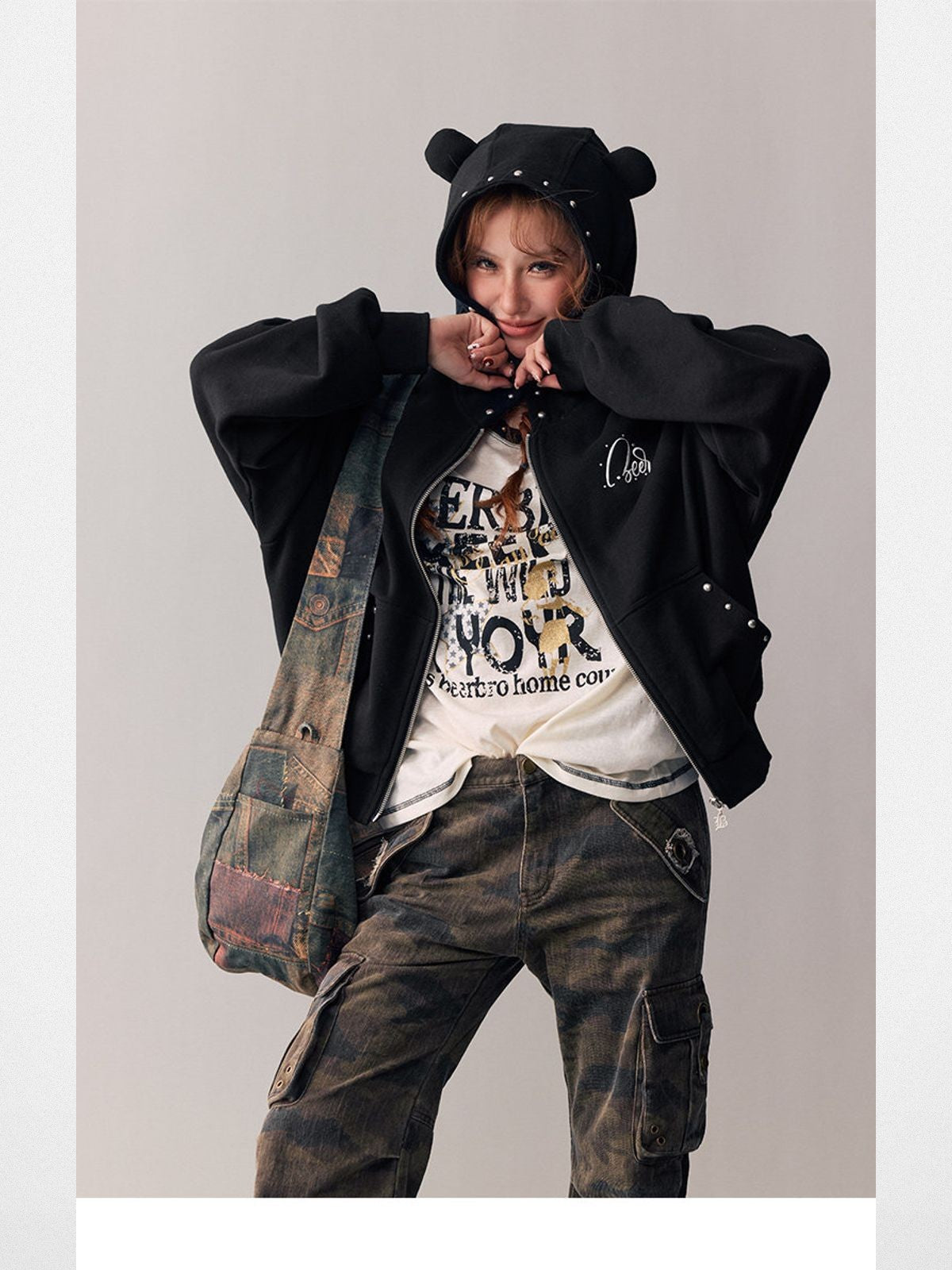 Beer Bro Washed Camo Micro Flare Cargo Pants in Brown - On Model