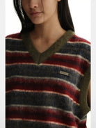 MASONPRINCE Striped V Neck Sweater Vest in Burgundy - On Model