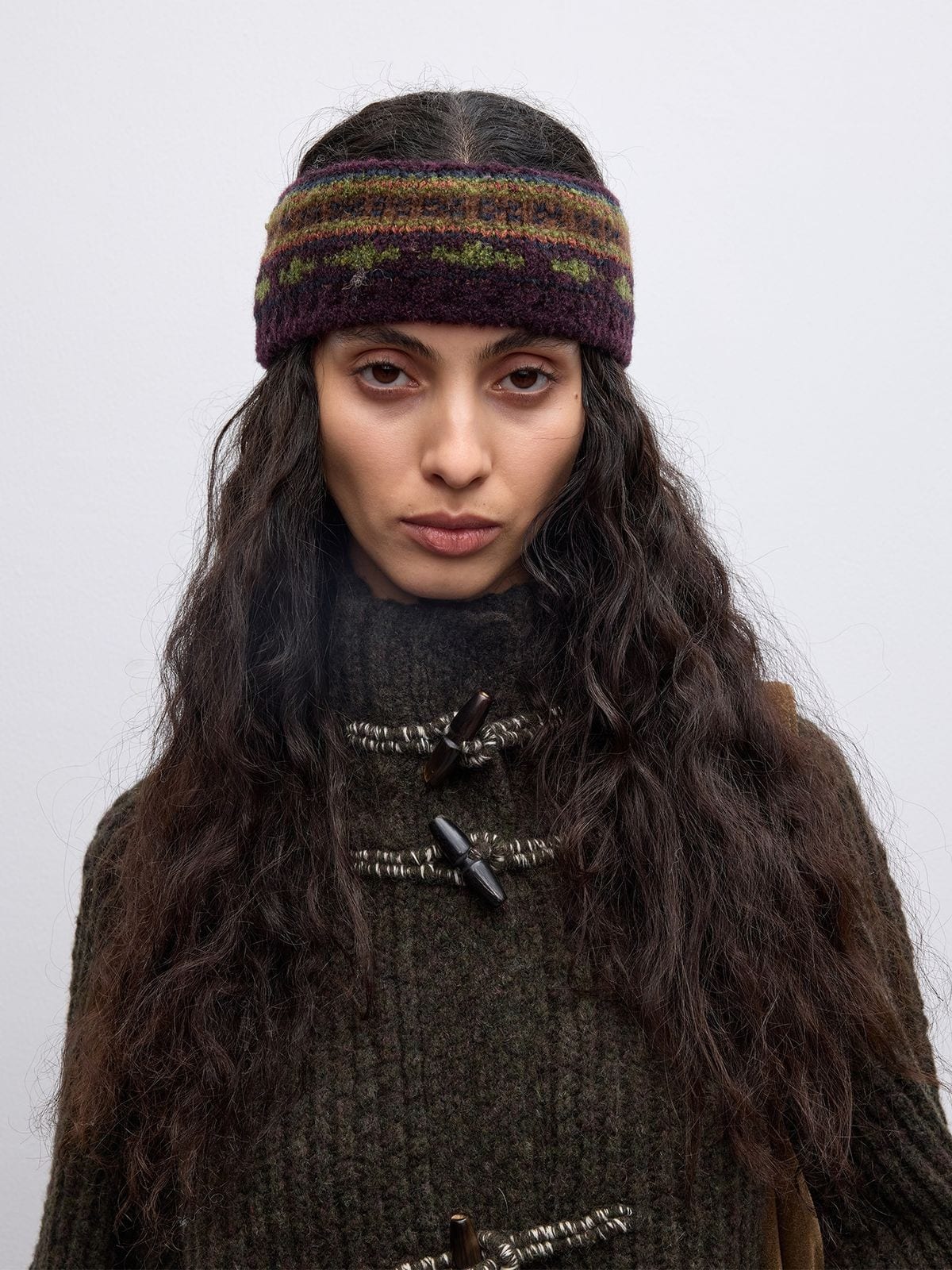 Randompiece Lambswool Stand Collar Toggle Cardigan in Green - On Model