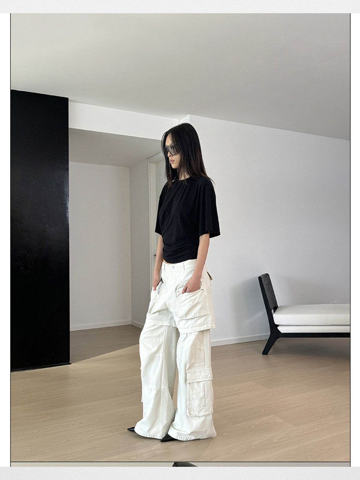 RARELY ALIKE Asymmetrical Ruched Waist Tee in Black - On Model