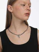 BLACKHEAD Blue Rhinestone Bone Necklace in Silver - On Female Model