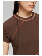 Simple Project Spiral Contrast Stitch Ribbed Tee in Brown - On Model