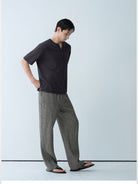 ROYA Elastic Waist Wide Leg Linen Trousers in Gray - On Model