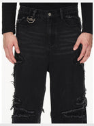 BLINDNOPLAN Raw Edge Distressed Paneled Jeans in Gray - On Model