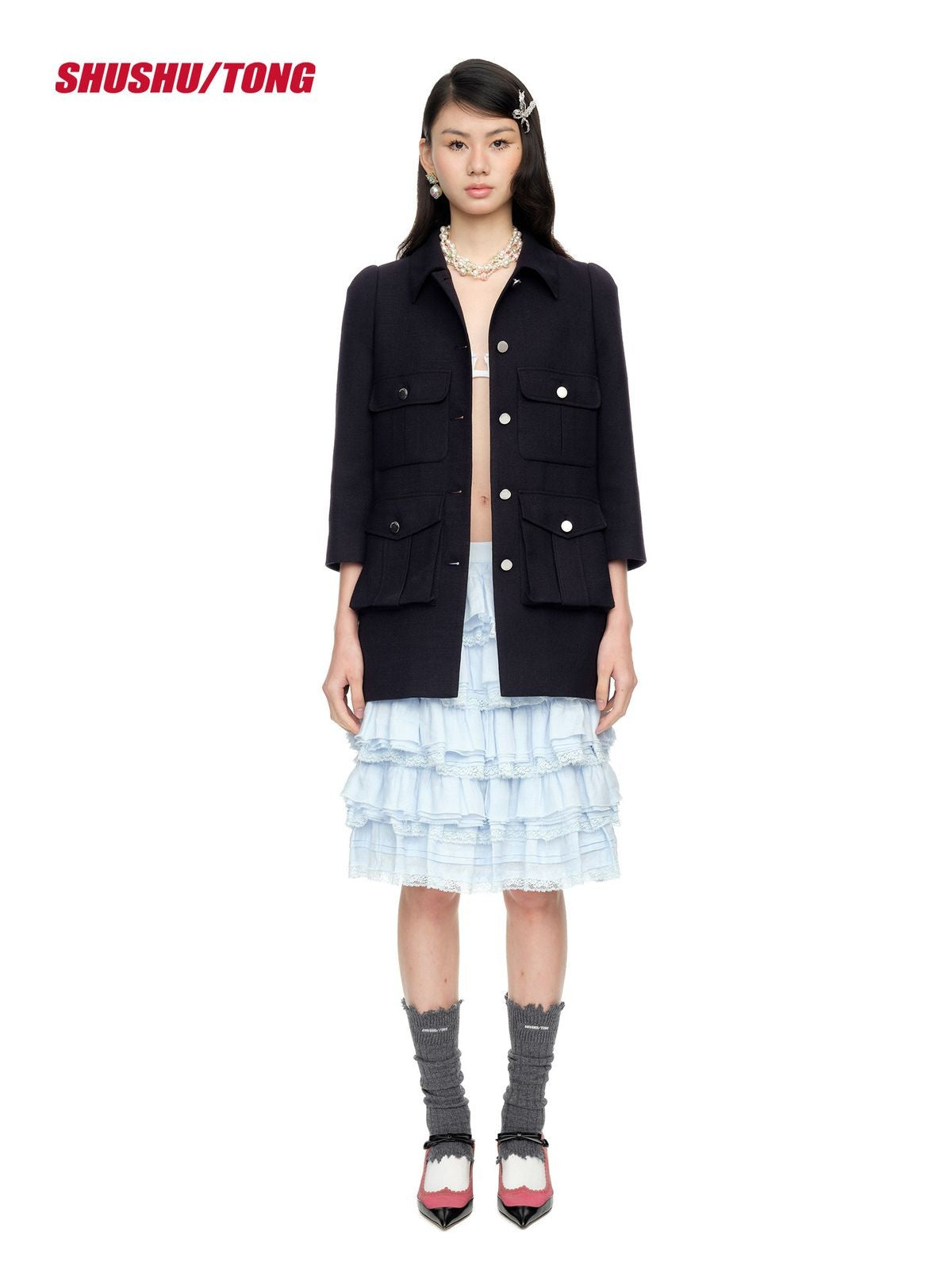 SHUSHUTONG Structured Multi Pocket Jacket in Navy - On Model