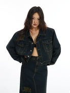 THELIGHT OFFICIAL Distressed Cropped Denim Jacket in Denim - On Model