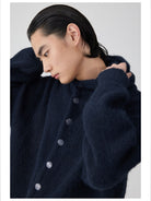 Simple Project Hooded Wool Blend Cardigan in Navy Blue - On Male Model