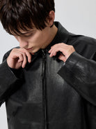 Simple Project Lambskin Leather Jacket in Black - On Male Model