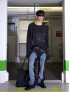 TRIANGLE PROJECT Deconstructed Patchwork Micro Flare Jeans in Black - On Model