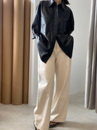 Randompiece Matte PU Leather Short Sleeve Shirt Jacket in Black - On Model