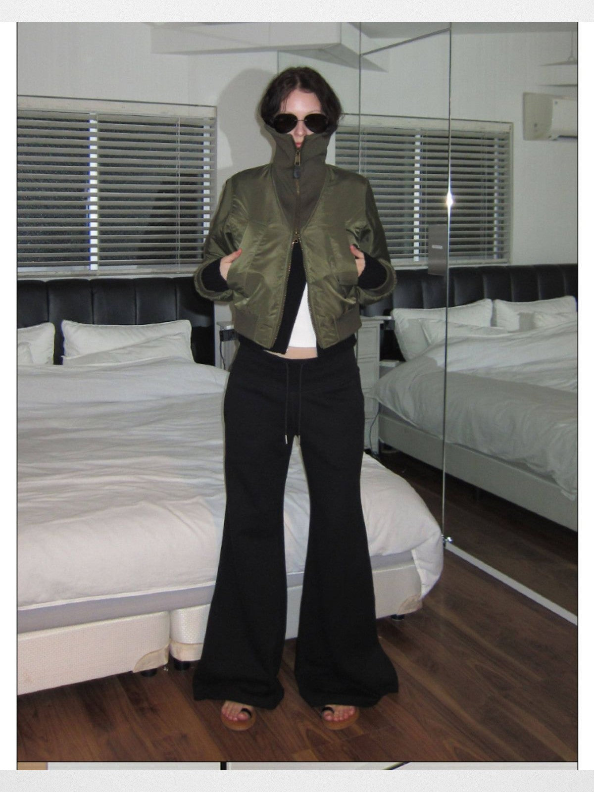 RARELY ALIKE Wide Waistband Flared Sweatpants in Black - On Model