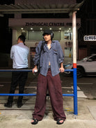 MasonPrince Distressed Wide Leg Cargo Pants in Burgundy - On Male Model