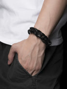 BLACKHEAD Braided Cowhide Steel Bracelet in Black - On Model