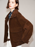 PUKI Cropped Sueded Stand Collar Jacket in Brown - On Model