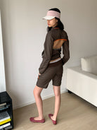 RARELY ALIKE Detachable Sleeve Nylon Jacket in Brown - On Model