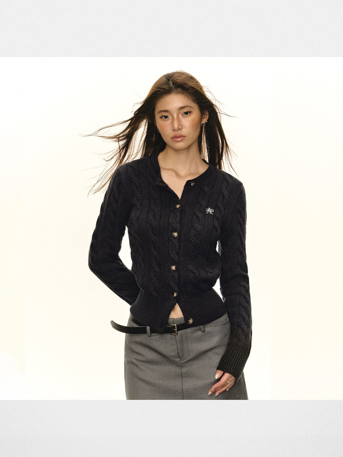 Ariseism Cotton Blend Cable Knit Cardigan in Navy Blue - On Model