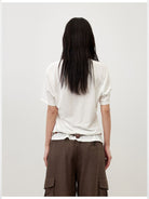RandomPiece Linen Blend U Neck T Shirt in Brown - On Model