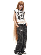 CFIERCE Black Cat Print Ringer Tee in White - On Female Model