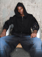 TRIANGLE PROJECT Gemstone Embellished Zip Hoodie in Black - On Model