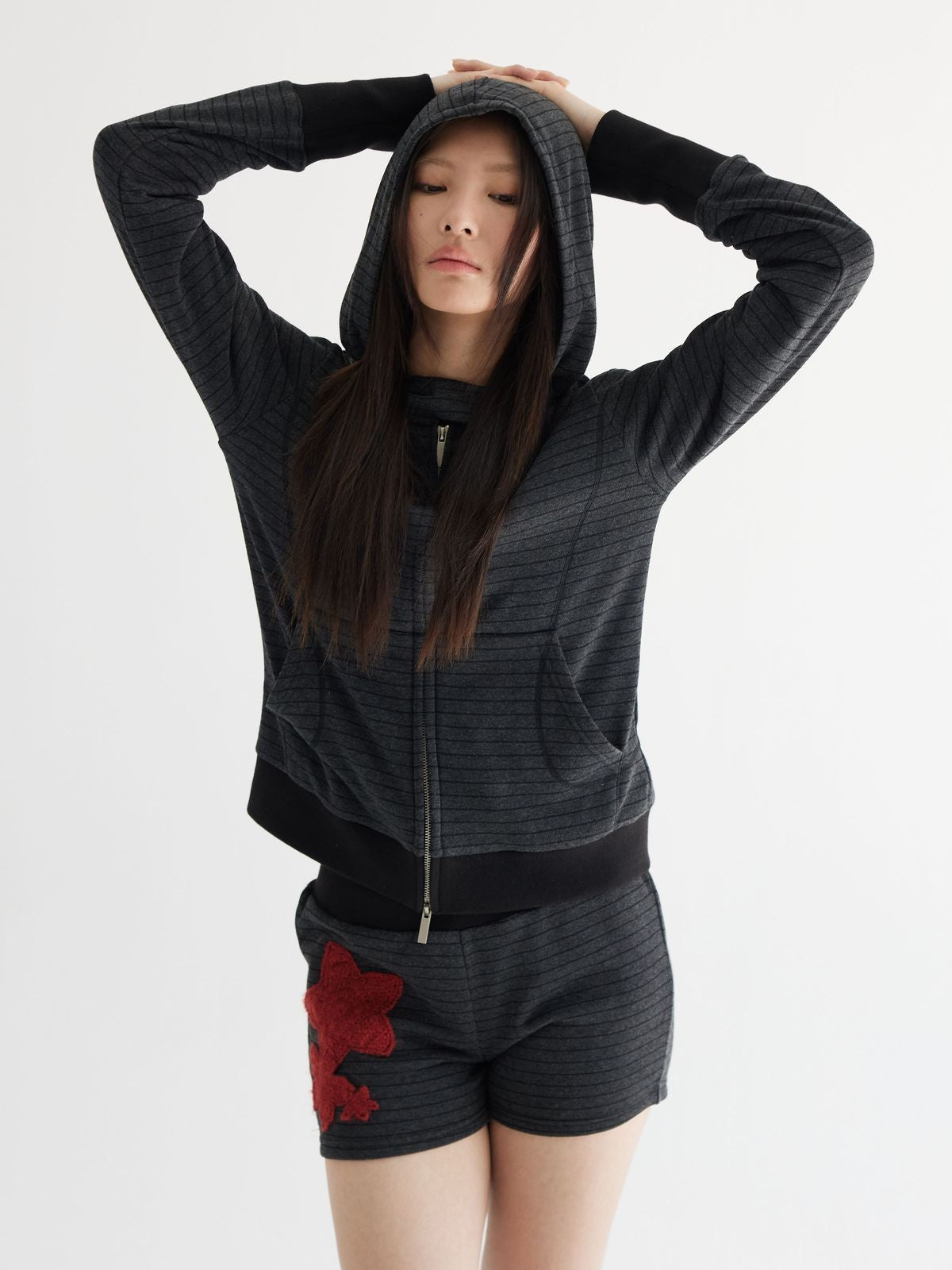 THELIGHT OFFICIAL Striped Zip Up Hoodie in Gray - On Model