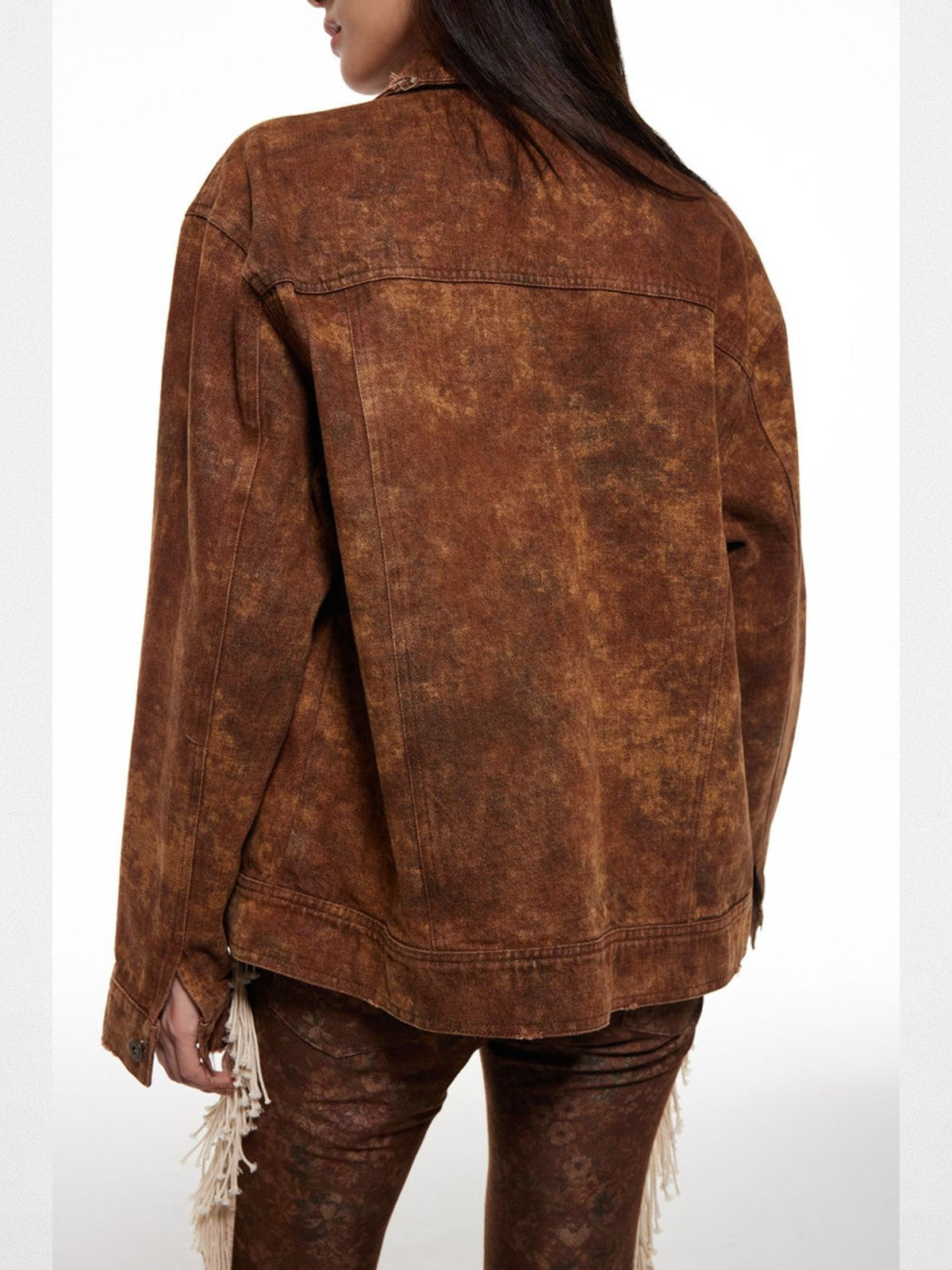 THELIGHT OFFICIAL Distressed Brown Ruffle Trim Jacket in Brown - On Model