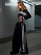 CFIERCE Paint Splash Lace Detail Joggers in Black - On Female Model