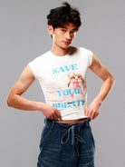 CFIERCE Save It Glitter Graphic T Shirt in White - On Male Model