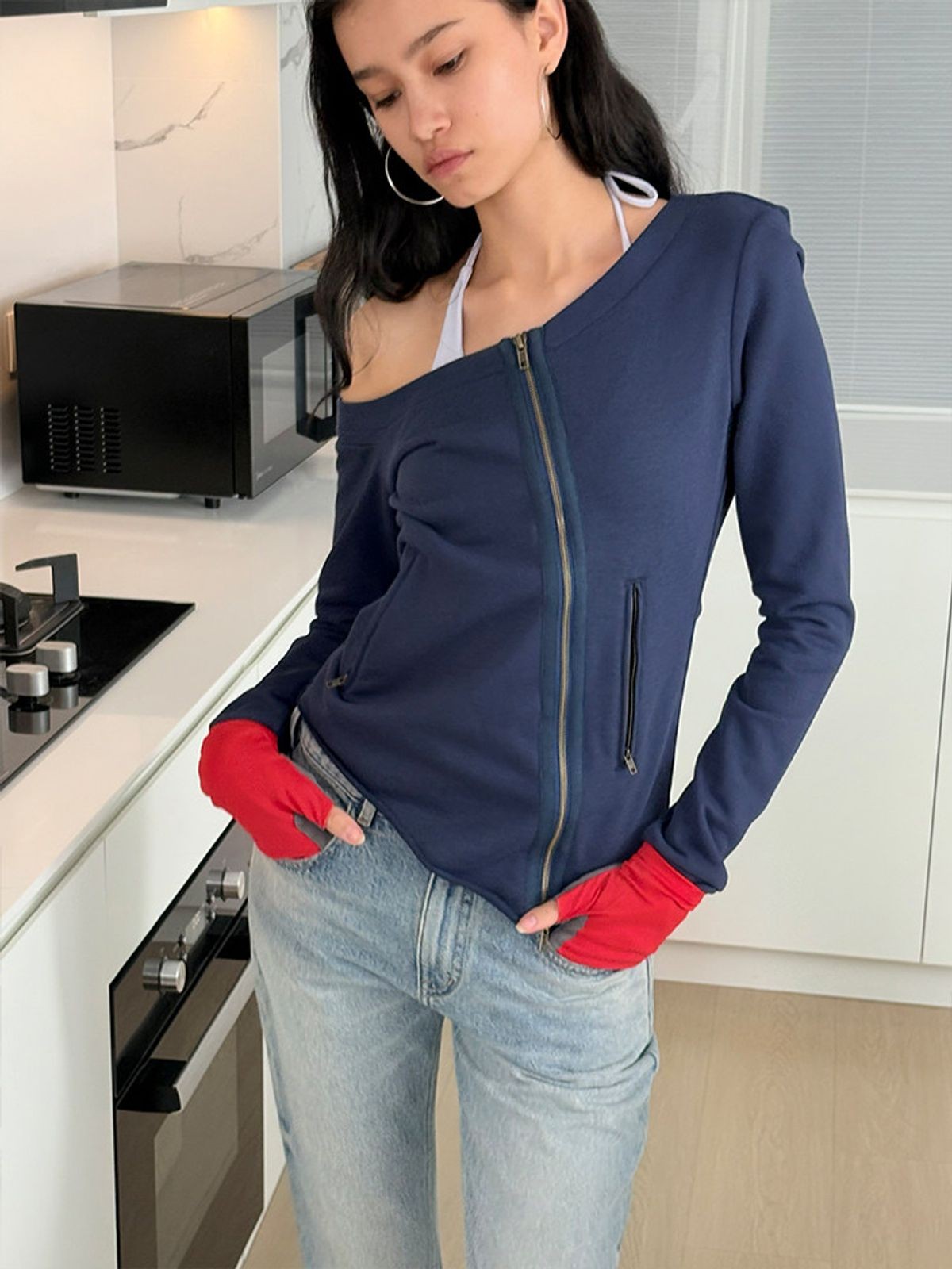 RARELY ALIKE Asymmetrical Zip Up Sweatshirt in Navy Blue - On Model