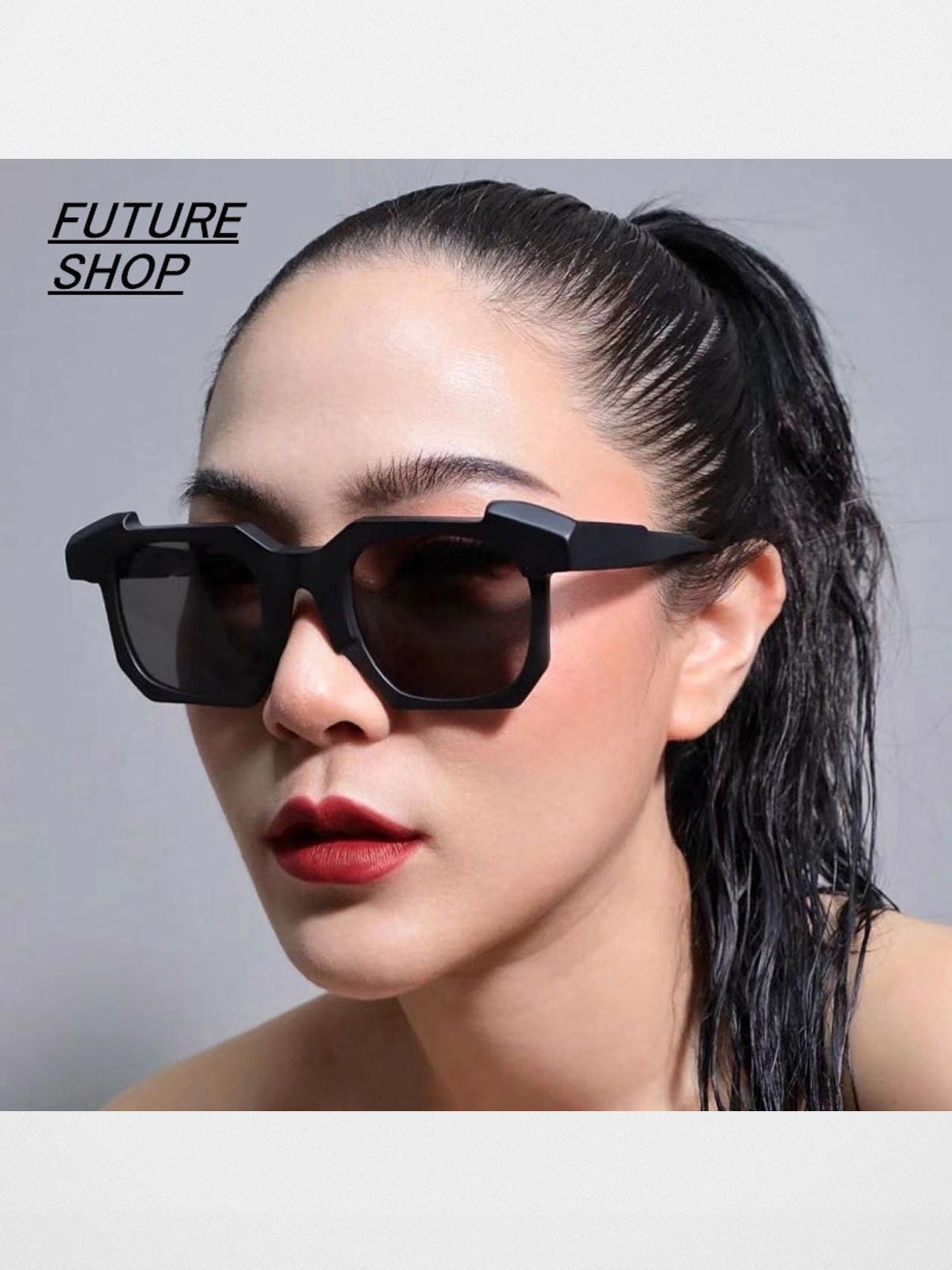 FUTURE UPDATE Irregular Geometric Sunglasses in Black - On Female Model