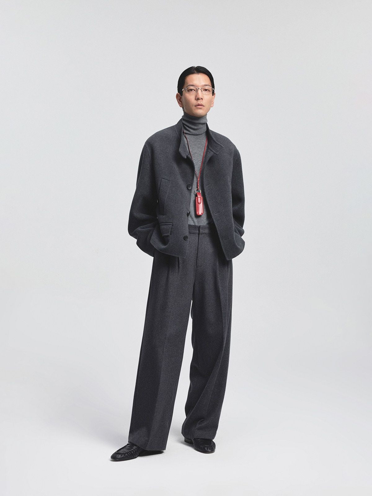 NANS Wool Cashmere Stand Collar Jacket in Gray - On Model