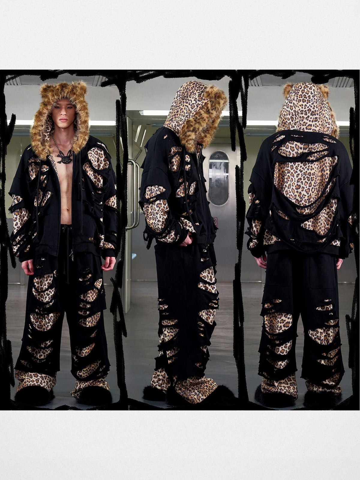 CFIERCE Distressed Leopard Zip Hoodie in Black - On Male Model