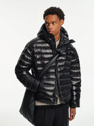 NANS Glossy Nylon Hooded Down Puffer in Black - On Model