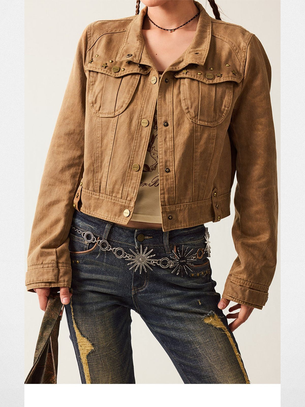 BeerBro Large Lapel Suede Cropped Jacket in Brown - On Model