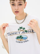 LOSTCTRL Palm Tree Embroidered Cotton Tee in White - On Model