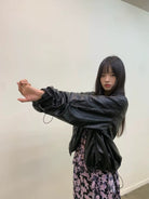 NeverSeez Glossy Ruched Tencel Windbreaker in Black - On Female Model