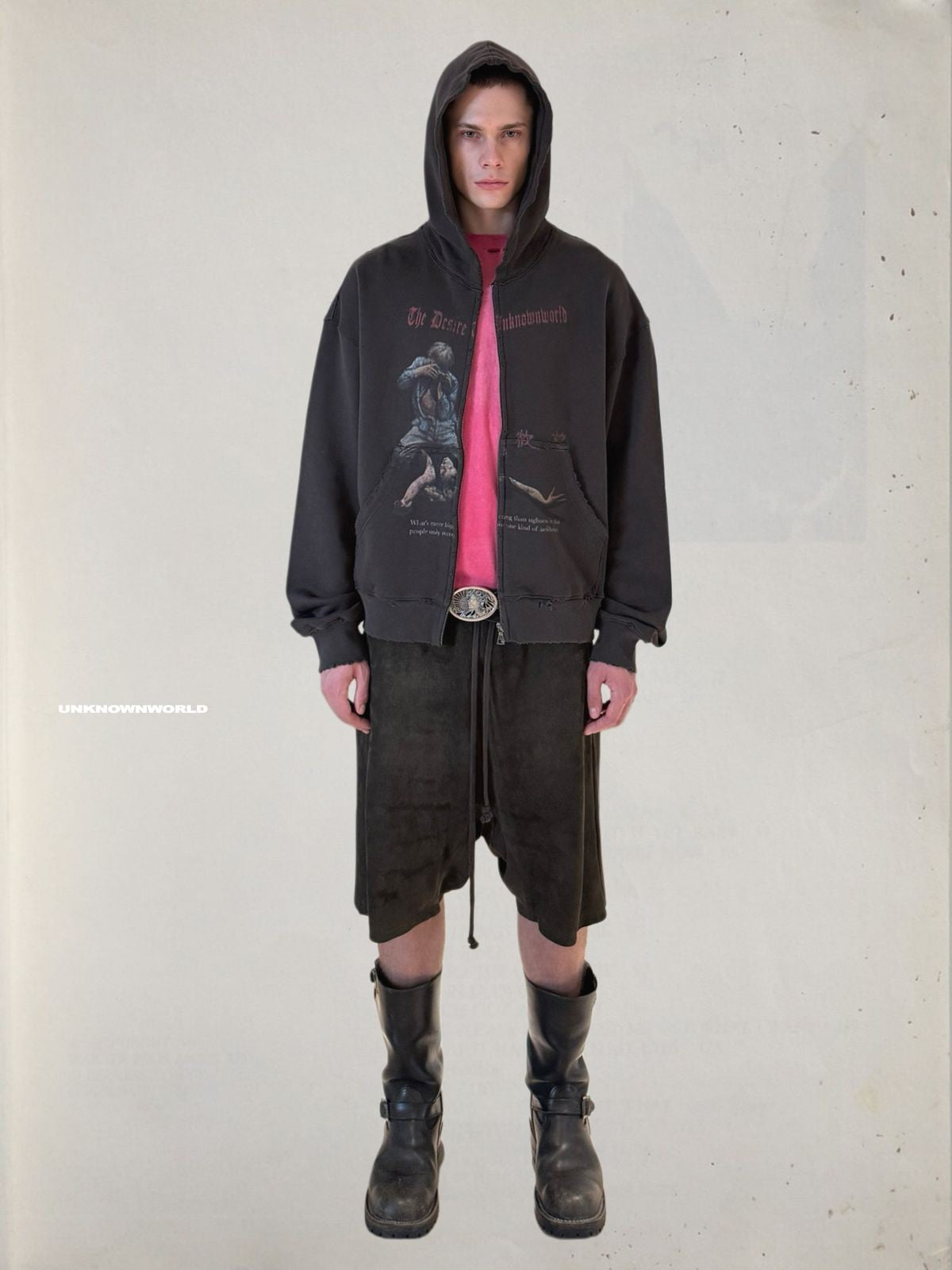 UNKNOWNWORLD Distressed Graphic Zip Up Hoodie in Gray - On Model