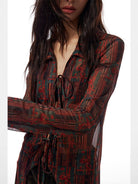 THELIGHT OFFICIAL Printed Mesh Tie Front Maxi Cardigan in Red - On Model