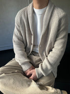 Roolrren Homme Shawl Collar Cotton Blend Cardigan in Beige - On Model