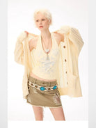 BeerBro Wool Pointelle Knit Cardigan in White - On Model